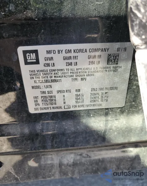 2020 Chevrolet Trax 1Lt from USA, damaged, VIN KL7CJLSB5LB006411